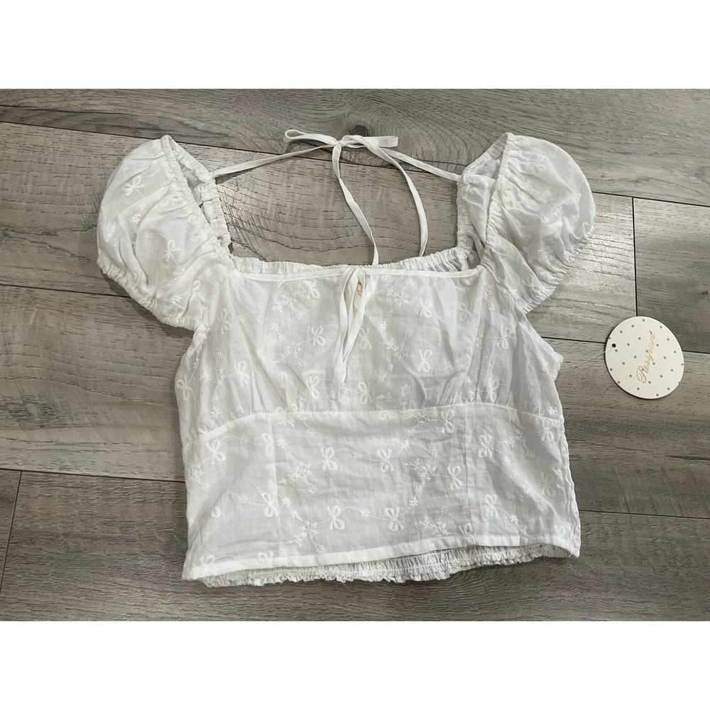 Passport Women White Eyelet Bow Embroidered Puff Sleeve Crop Top Large NEW